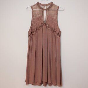 Altar’d State Sleeveless Lace Mesh Detail Minidress Tunic in Brown